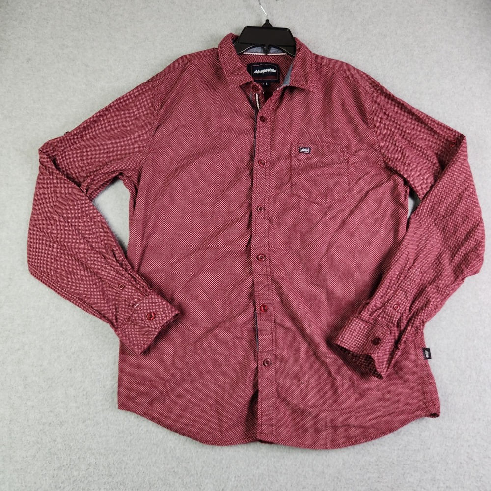Aeropostale Casual Shirt Mens L Burgundy Micro Dot Cotton Collared Button Up